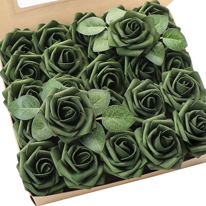 Floroom Artificial Flowers 50pcs Real Looking Emerald Green Foam Fake Roses by Floroom