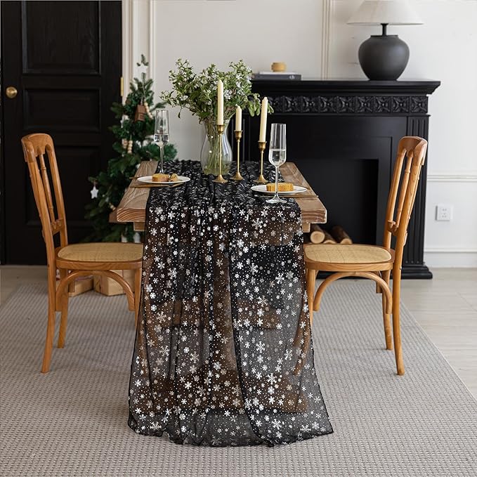 Silvery Snowflake Metallic Print Tulle Christmas Table Runner, Seasonal Winter - Image 4