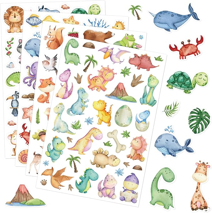 Cute Watercolor Safari Woodland Animals Dinosaur Fish Stickers 715 Count by MoShining