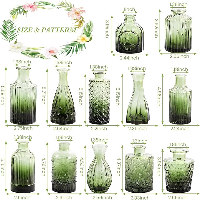 Green Glass Bud Vases Set of 12, Mini Flower Vase - Image 3