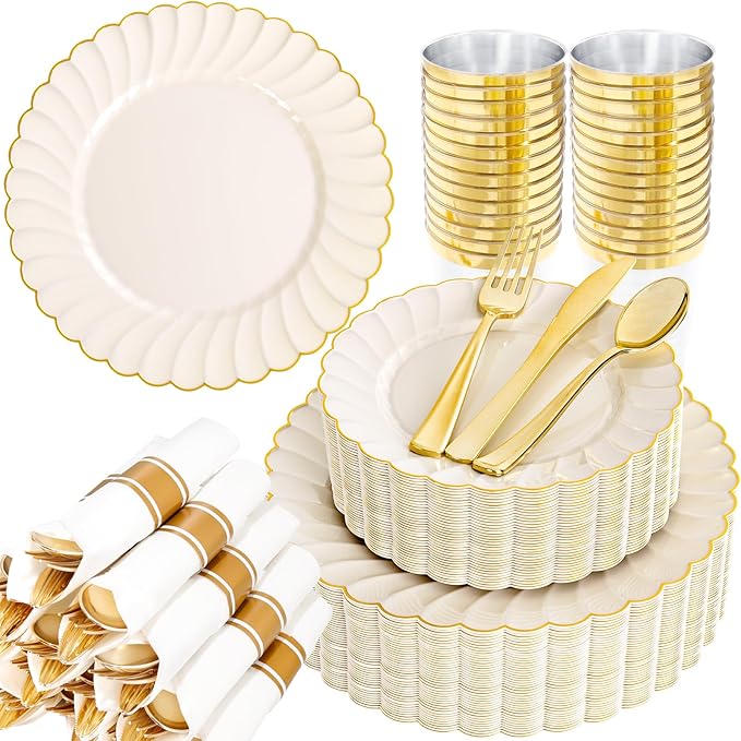YOUBET 350PCS Ivory Scalloped Plastic Plates by YOUBET