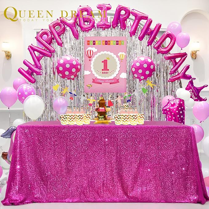QueenDream Hot Pink Wedding Sequin Tablecloth 90 x 156 Inch Rectangle Glitter - Image 2
