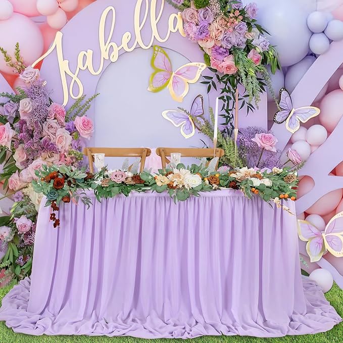 QueenDream 14ft Lavender Chiffon Table Skirt Purple Sheer Tablecloth - Image 5