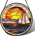 Stained Glass Window Hanging, Sun Ocean Sailboat Seagull Abstract Suncatcher by DASTOLL