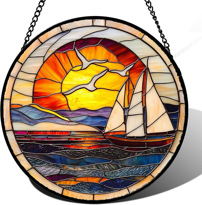 Stained Glass Window Hanging, Sun Ocean Sailboat Seagull Abstract Suncatcher by DASTOLL
