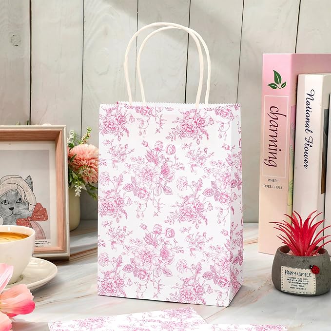 JarThenaAMCS 52Pcs Pink Floral Paper Gift Bag Vintage Wildflower Treat Bags - Image 6