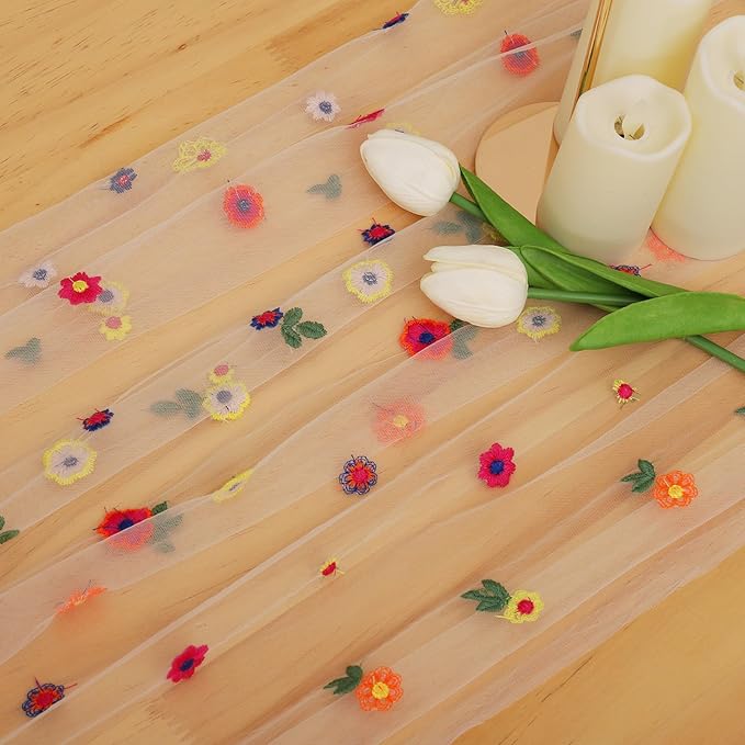 BINBE 3pcs Champagne Daisy Fall Table Runner Embroidery Gauze 10FT Florals - Image 4
