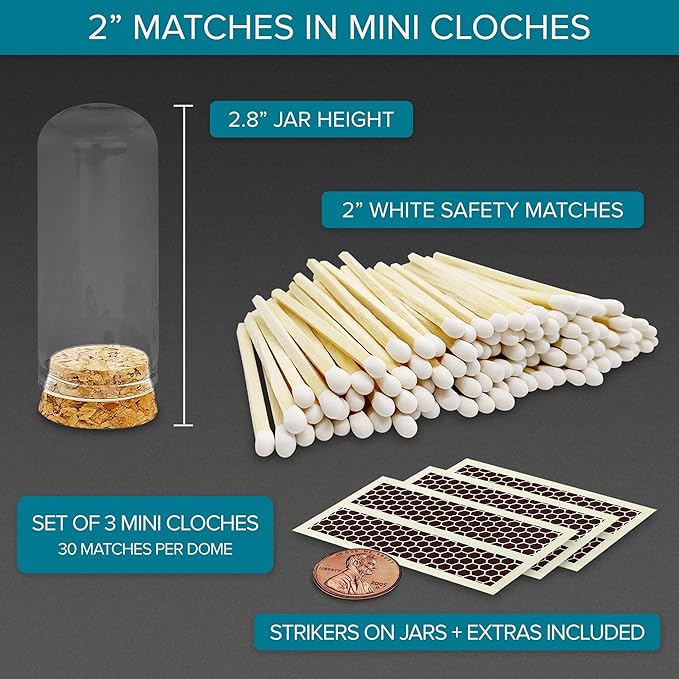 2" White Tip Matches with 3 Mini Cloche Jar + Striker Stickers Included | 100 - Image 2