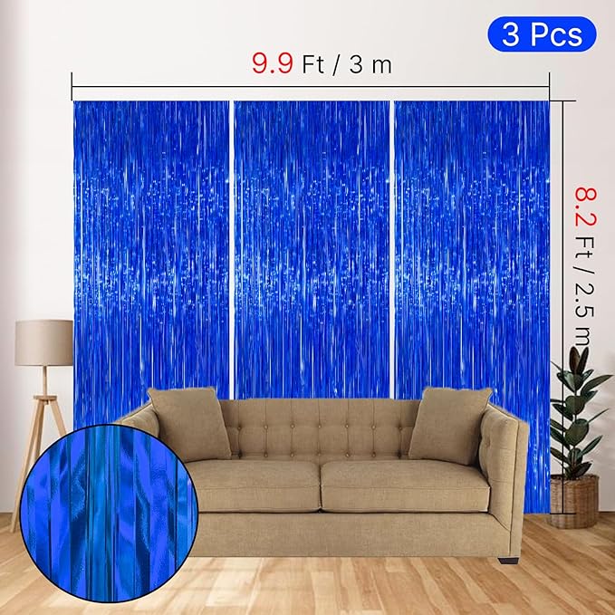 PartyWoo Dark Blue Streamers Fringe Backdrop 3pcs Navy Blue Foil Fringe Curtain - Image 4