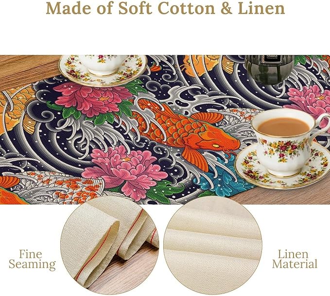 Japanese Retro Flowers Table Runner Oriental Tradition Kio Fish Art Printed - Image 4