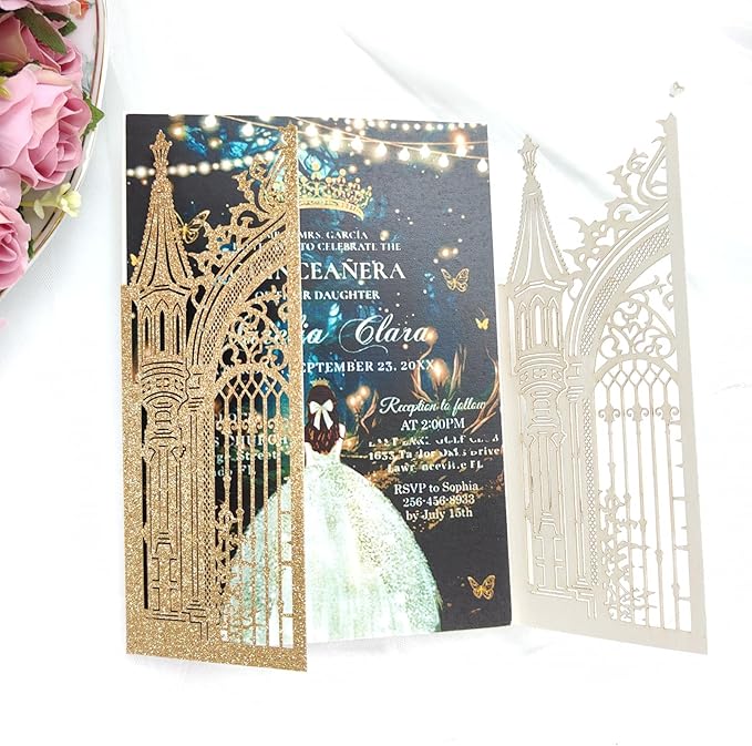 20PCS Laser Cut Wedding Invitations, Wedding Invitation Card Pocket, Quince - Image 5