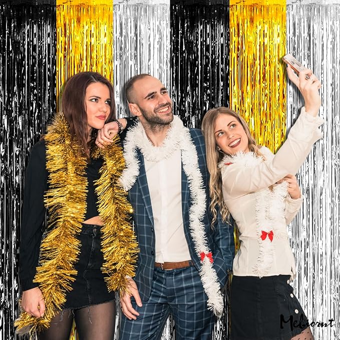 4 Pack 3.2Ft x 6.6Ft Black Gold Silver Fringe Curtain Backdrop, Metallic Tinsel - Image 3