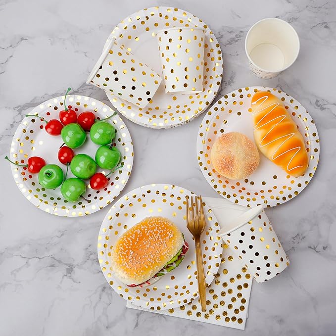 160 Pcs White and Gold Paper Plates, Forks and Cups Party Supplies, Disposable - Image 8