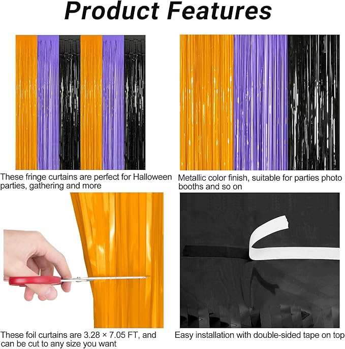 12 Pack Halloween Decor, 3.28 FT x 7.05 FT Orange Purple Black Fringe Curtains - Image 4