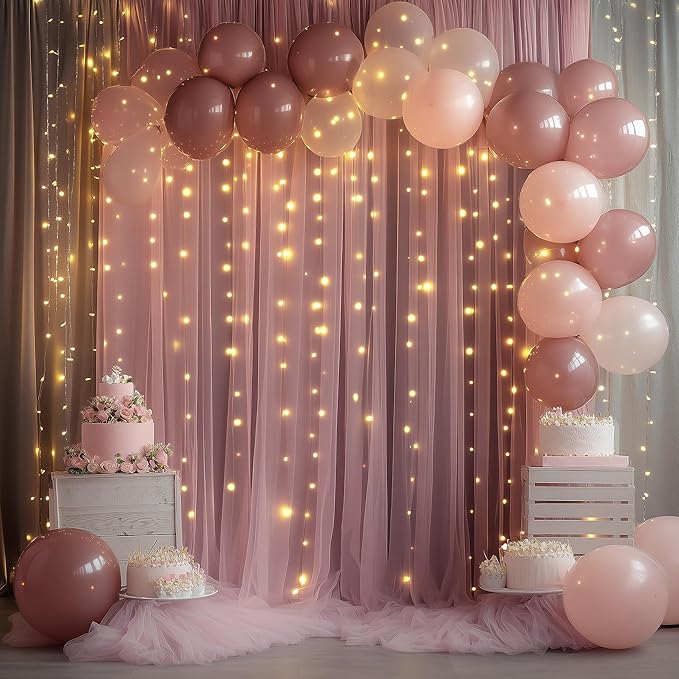 Tulle Backdrop Curtain with Lights String 10FT X 8FT Dusty Rose Sheer Tulle - Image 5