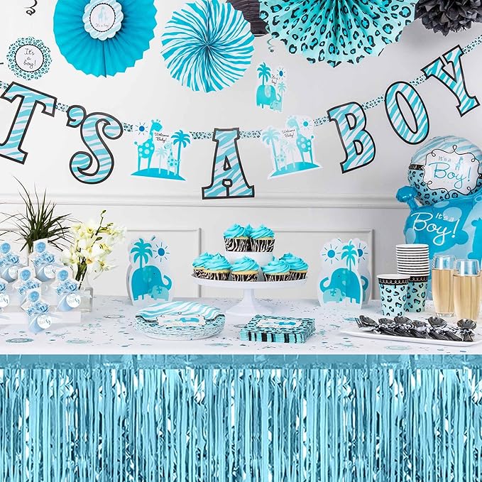 3 Pack 29 x108 Inch Light Blue Foil Fringe Table Skirts Metallic Banner - Image 7