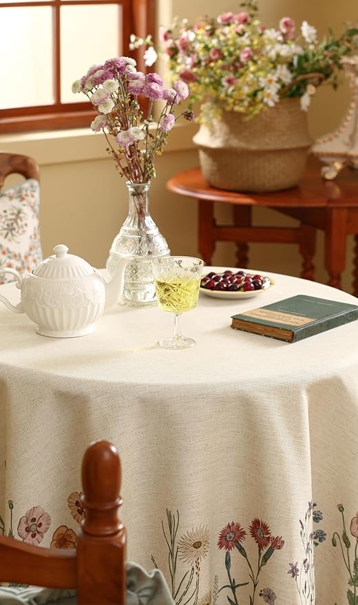 ISAENNE Designer Off White Linen Round Tablecloth, Floral Elegant Table Cloth - Image 3