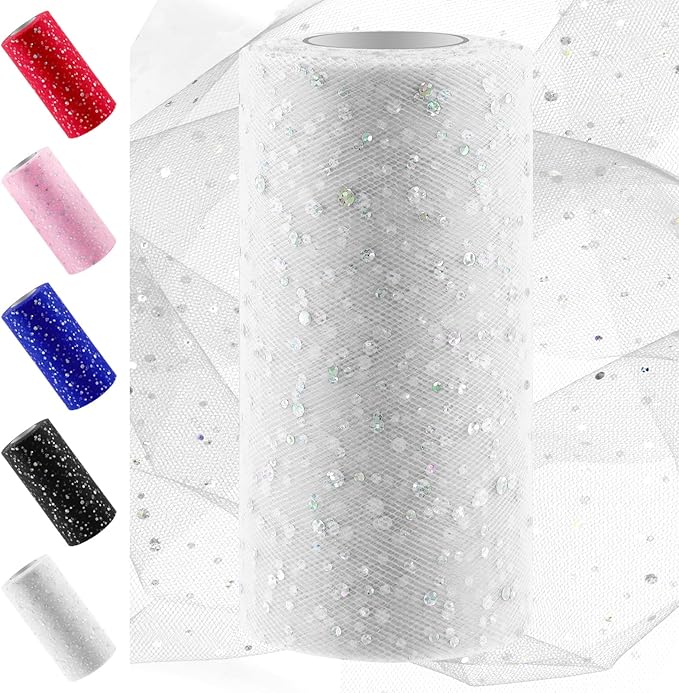 Swpeet 6 Inch by 50 Yards White Glitter Tulle Fabric Roll, Fabric Spool by Swpeet