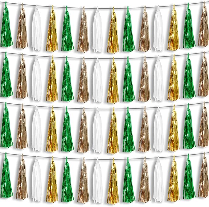 4P Sage-Green Beige-Mint Gold Foil Fringe Metallic Tassel Garland Banner by HYSILLA