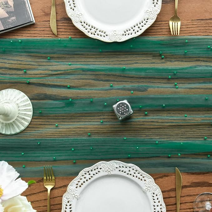 Artoid Mode Pearl Dark Green Gauze Table Runner 120 Inch 10FT, Seasonal Sheer - Image 2