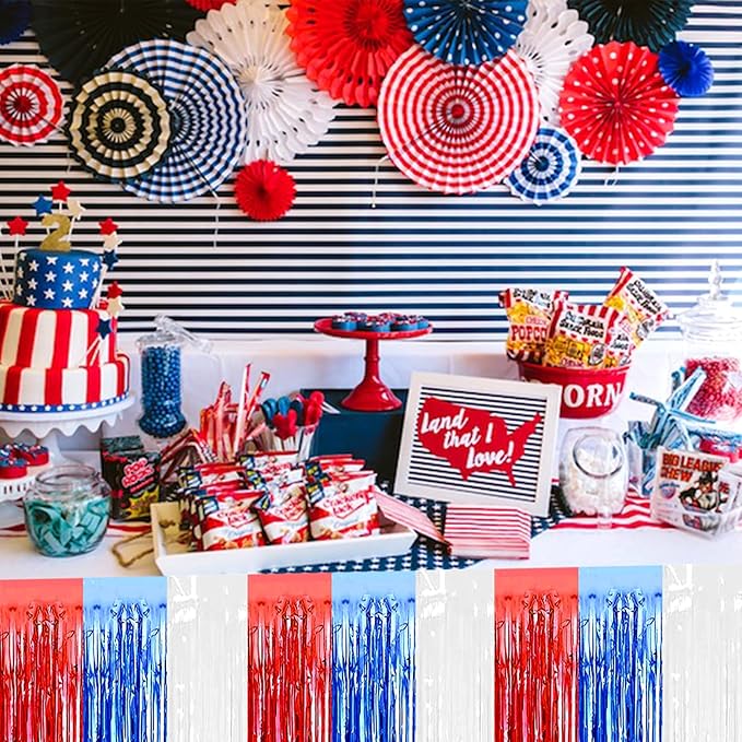 6 Pack 29x108 Inch Red Blue White Metallic Foil Fringe Tinsel Table Skirts - Image 5