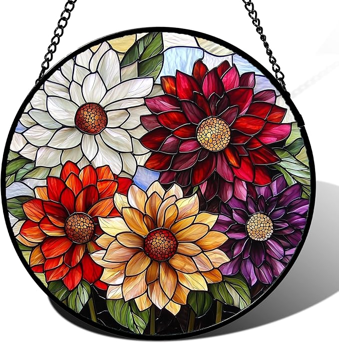 Stained Glass Window Hanging, Colorful Flowers Sun Catcher by Follow