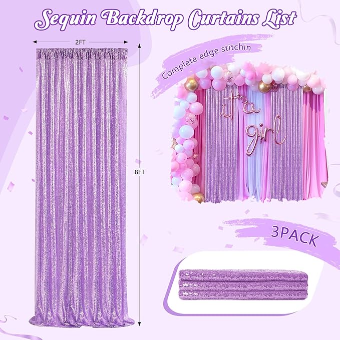Glitter Curtain Backdrop Sequin Panels: Light Purple Sequin Background Drapes - Image 2