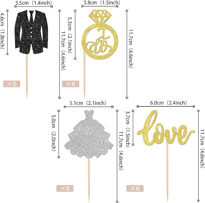 24 PCS Wedding Cupcake Toppers Glitter Bride and Groom Cupcake Picks Love I Do - Image 3