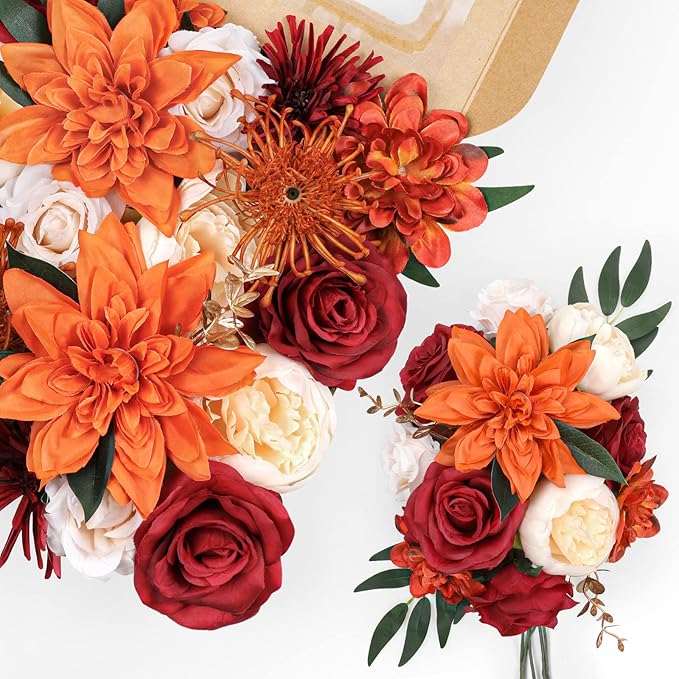 AmyHomie Orange Artificial Flowers Combo Silk Mix Peony Rose Hydrangea Fake - Image 9