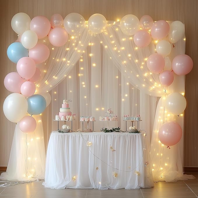 Tulle Backdrop Curtain with Lights String 10FT X 8FT Ivory Sheer Tulle Backdrop - Image 5