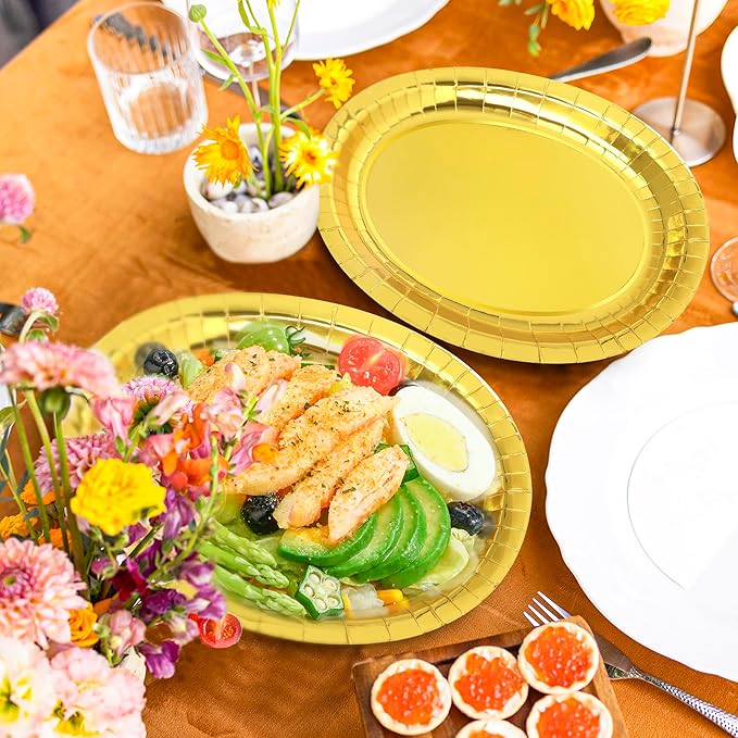 QZYL 50 Pcs Gold Foil Paper Plates, 12.2'' X 10.2'' Oval Large Paper Plates - Image 5