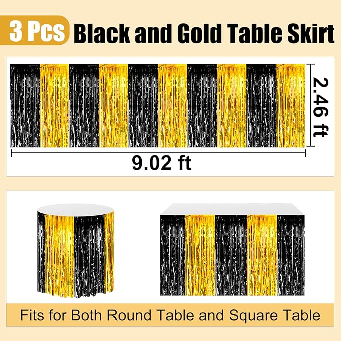 3 Pack 29 x108 Inch Black Gold Foil Fringe Table Skirts Metallic Banner - Image 2