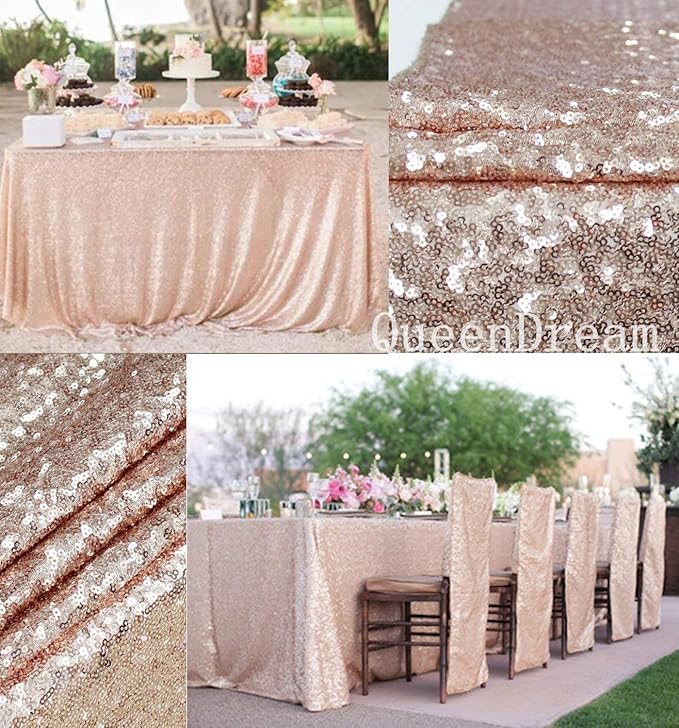 QueenDream Sequin Tablecloth 90"x132" Champagne Blush Party Tablecloth - Image 5