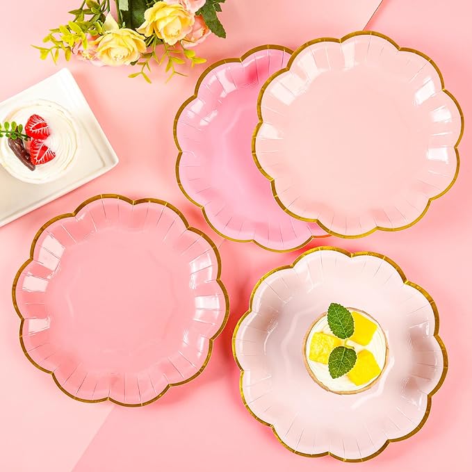 Pink Party Plates Gradient Pink Dessert Paper Plates 7inch Gold Foil Scalloped - Image 6