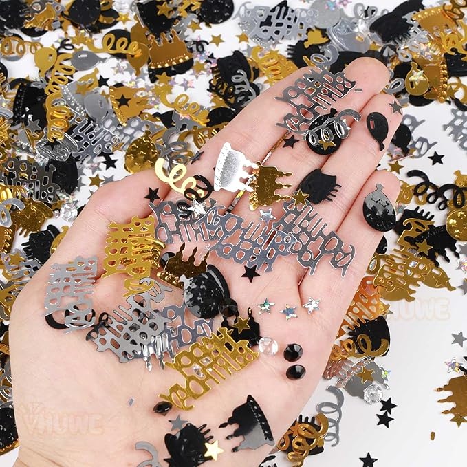 VHUWE Happy Birthday Confetti, 1.6 oz Black Gold Silver Cake Balloon Star - Image 3