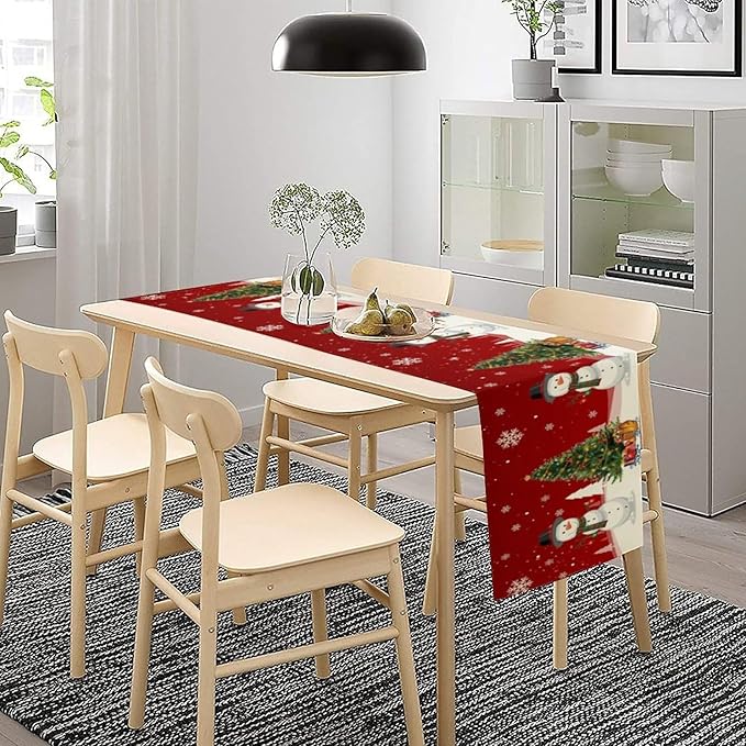 Christmas Table Runner, Snowman Rustic Red Snowflake Winter Table Cloth Kitchen - Image 3