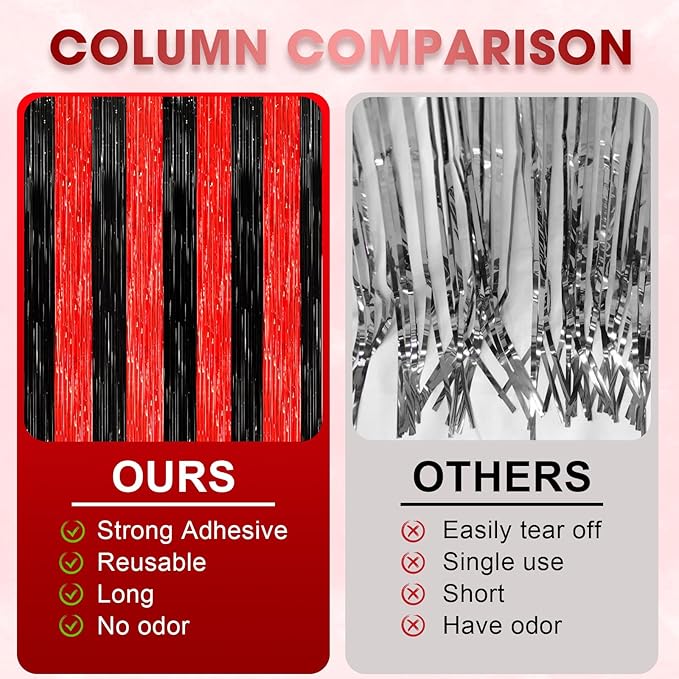 2 Pack Red and Black Tinsel Foil Fringe Curtains, Metallic Tinsel Party - Image 5