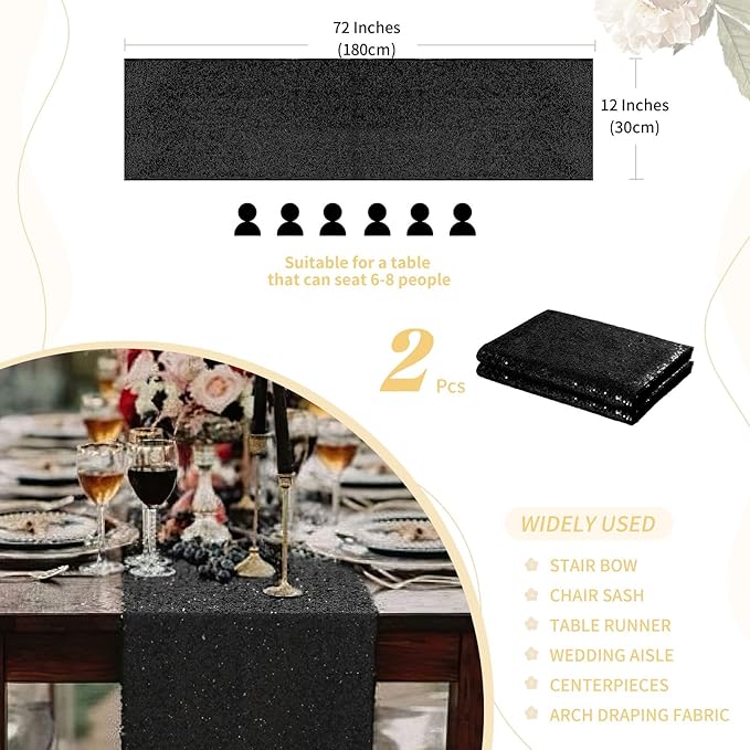Sequin Table Runners 2 Pieces Black Table Runners 12x72Inch Glitter Dining - Image 3