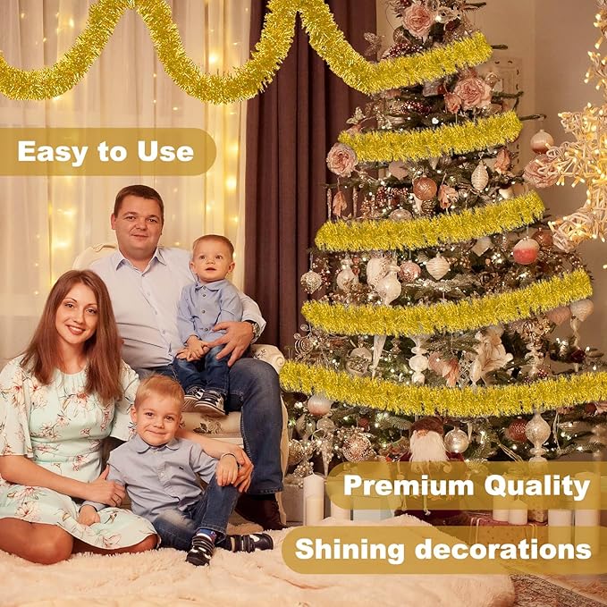 50 Feet Gold Christmas Tinsel Garland, Metallic Foil Twist Banner Wall Hanging - Image 4
