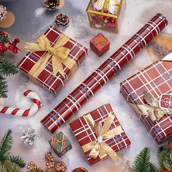 LeZakaa Christmas Red Wrapping Paper Roll, Buffalo Plaid Red - Image 6