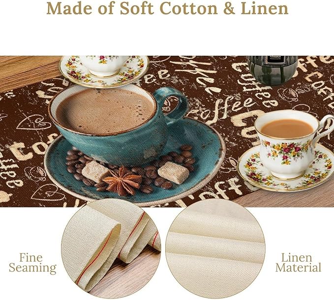 Coffee Theme Table Runner, Farmhouse Retro Brown Coffee Cup Tea Party Rustic - Image 5