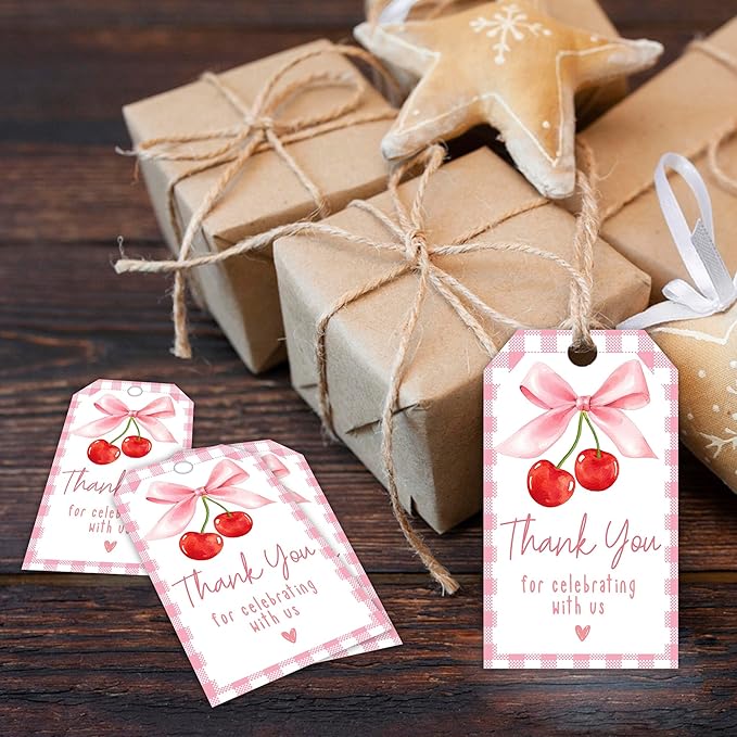 Cherry Gift Tags, 2x3.5 Inch Pink Bow Gift Tags, Paper Personalized Design - Image 6