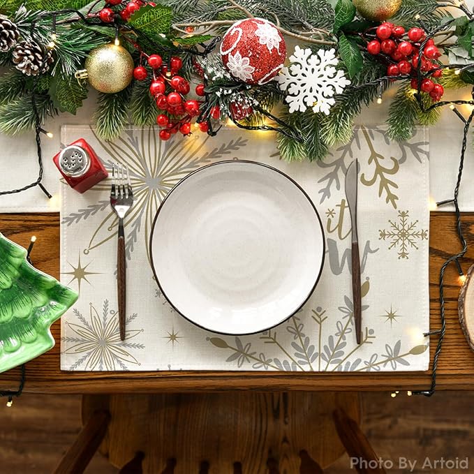 Artoid Mode Beige Snowflake Let It Snow Winter Placemats Set of 2, 12x18 Inch - Image 2