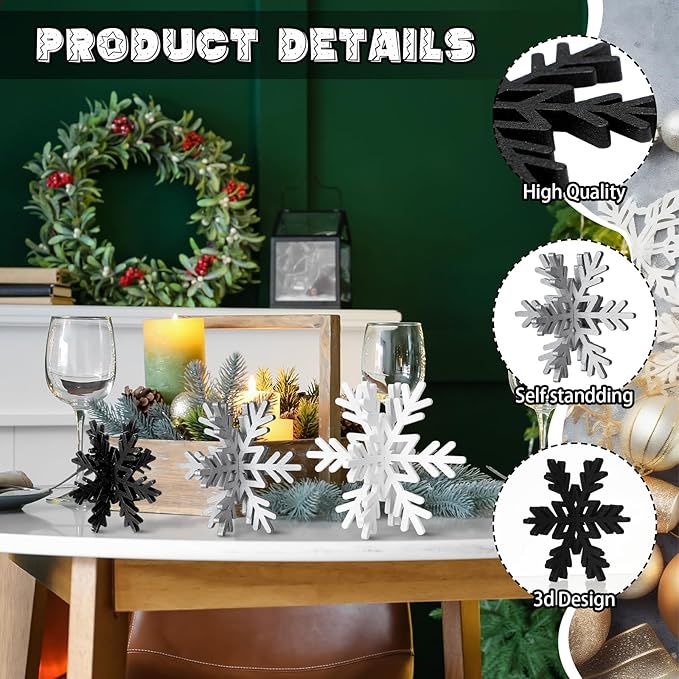 Bucherry 12 Pcs Wooden Snowflake Table Decor 3D Snowflake Tabletop Signs and - Image 3