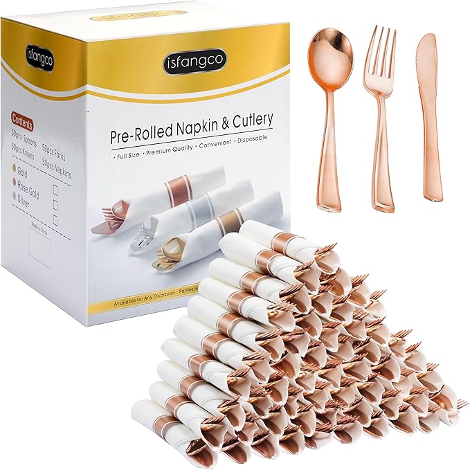 50 Pack Pre Rolled Rose Gold Plastic Silverware Set by ISFANGCO