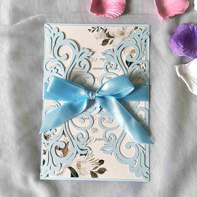 25PCS Light Blue Laser Cut Wedding Invitations Cards - Image 2