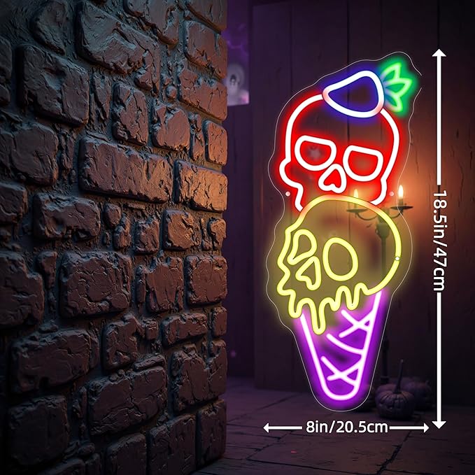 Halloween Ice Cream Skull Neon Sign, Quirky Gothic LED Wall Art, Skull Neon - Image 3