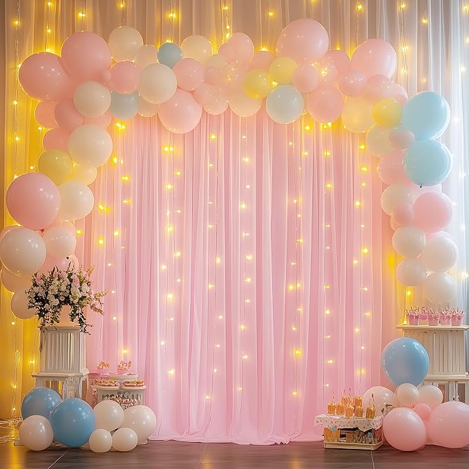 Tulle Backdrop Curtain with Lights String 10FT X 10FT Pink Sheer Tulle Backdrop - Image 5