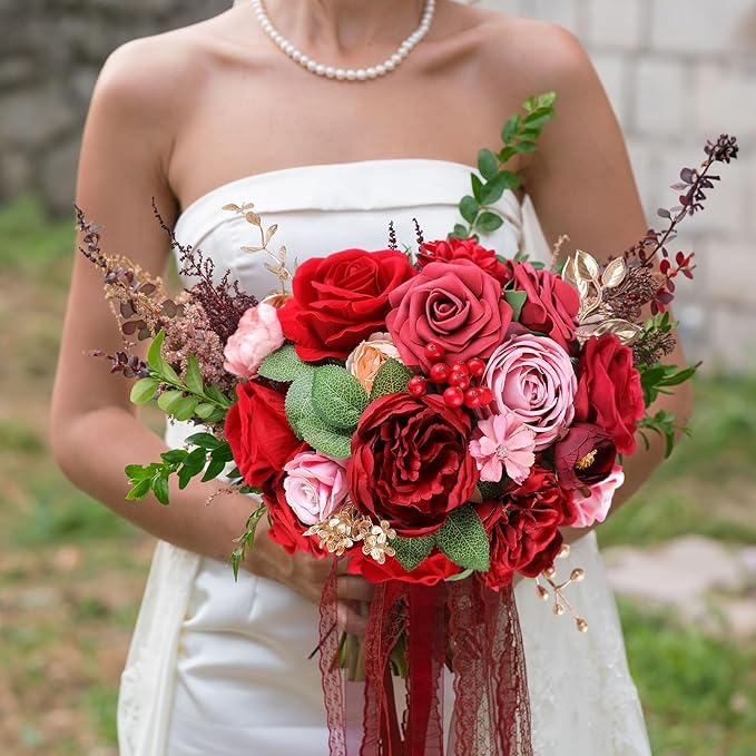 AmyHomie Red Artificial Flowers Combo Silk Mix Peony Rose Fake Flowers w/Stem - Image 3