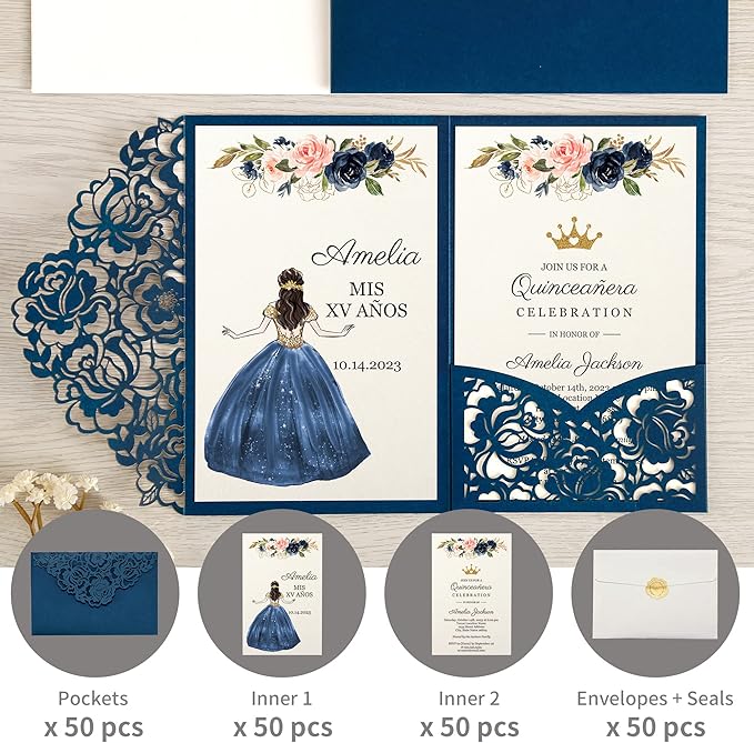 DORIS HOME 50pcs Laser Cut Quinceanera Invitations Blue, 4.7x7.1 Personalized - Image 4